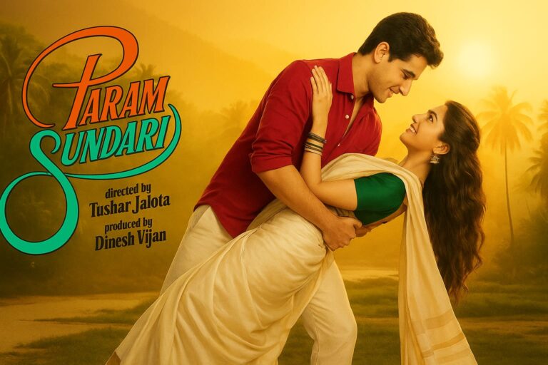 Bollywood movie Param Sundari official poster featuring the lead actors in traditional attire, romantic pose against a golden tropical sunset backdrop"