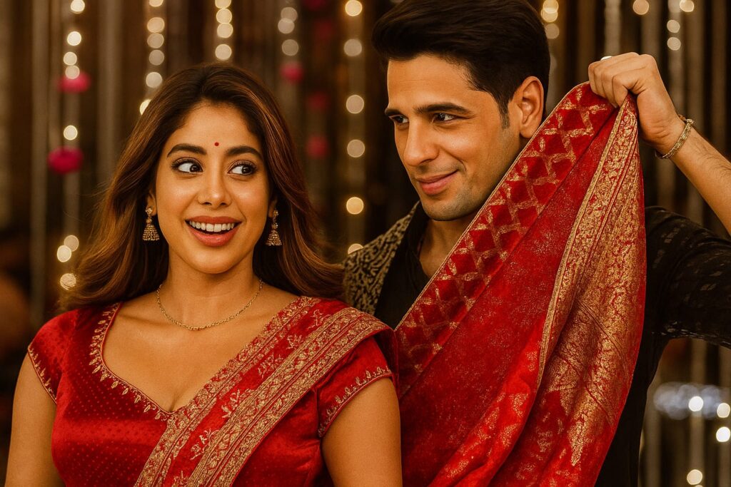 Param sundari “Bollywood couple in traditional festive attire, woman in red saree smiling while the man playfully holds her pallu during celebration”