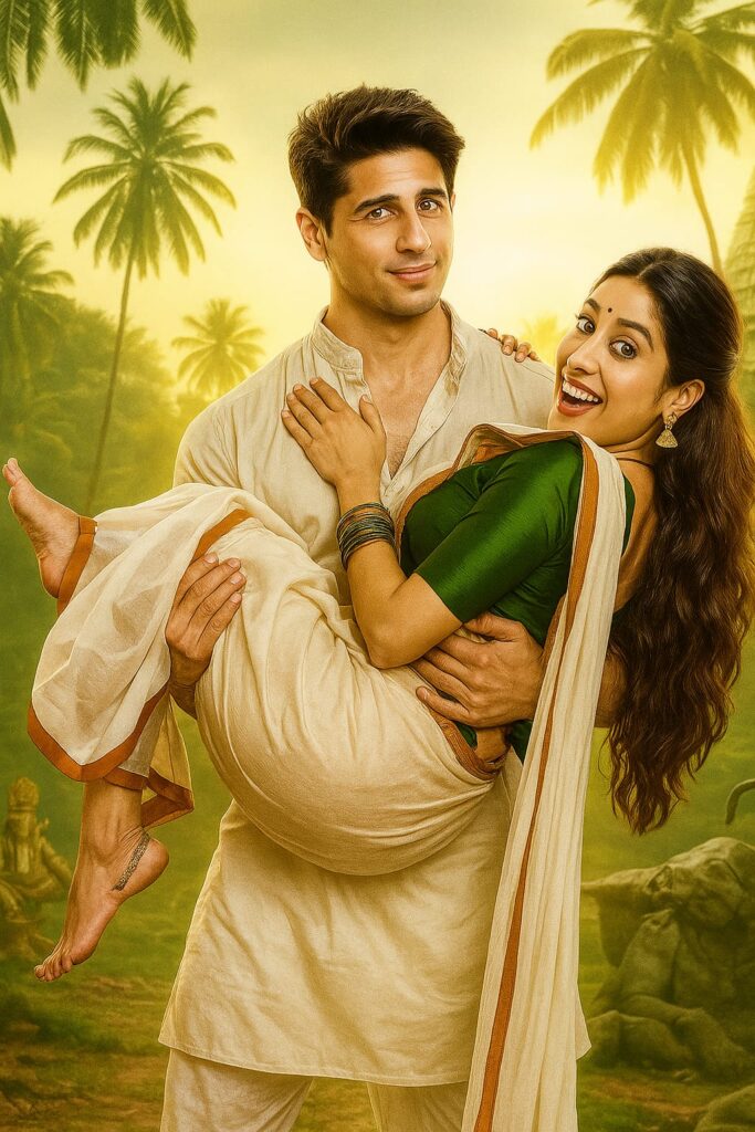 Param sundari"Bollywood couple in traditional South
Indian attire, man in white kurta holding
smiling woman in green saree, set against
tropical palm tree background"