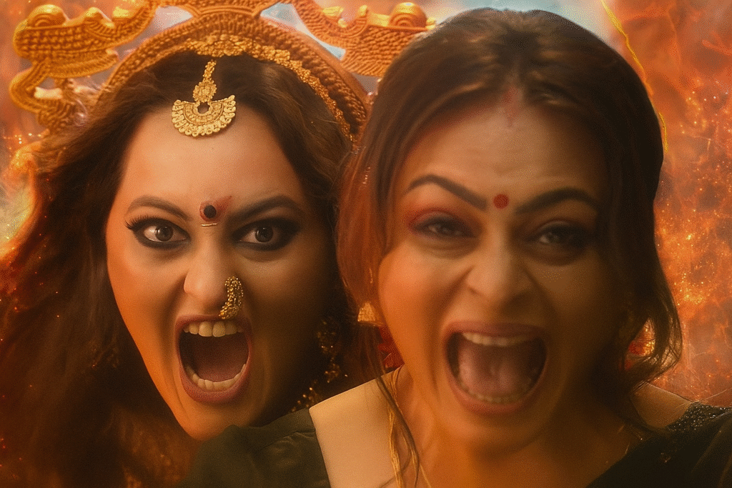 Mythological scene showing two fierce women screaming with fiery background, inspired by Jatadhara teaser still."
