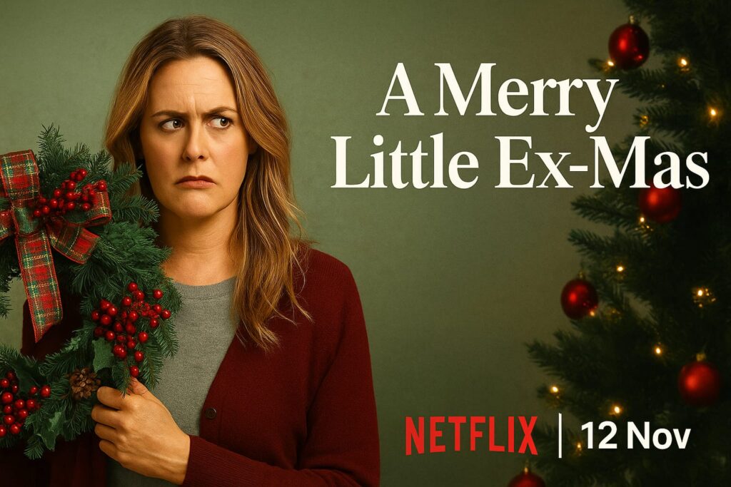 OTT AI-generated promotional image for Netflix film A Merry Little Ex-Mas releasing on 12 November 2025 showing a woman holding a Christmas wreath in a festive mood.