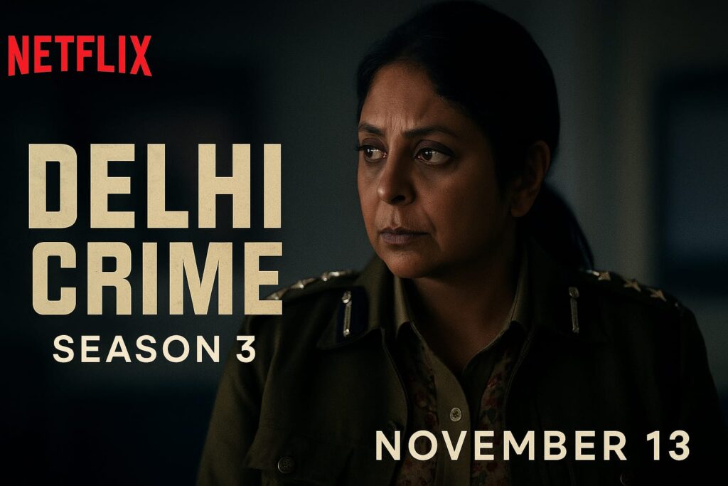 OTT AI-generated image of Delhi Crime Season 3 on Netflix featuring Shefali Shah as DCP Vartika Chaturvedi investigating a human trafficking case, releasing on 13 November 2025.