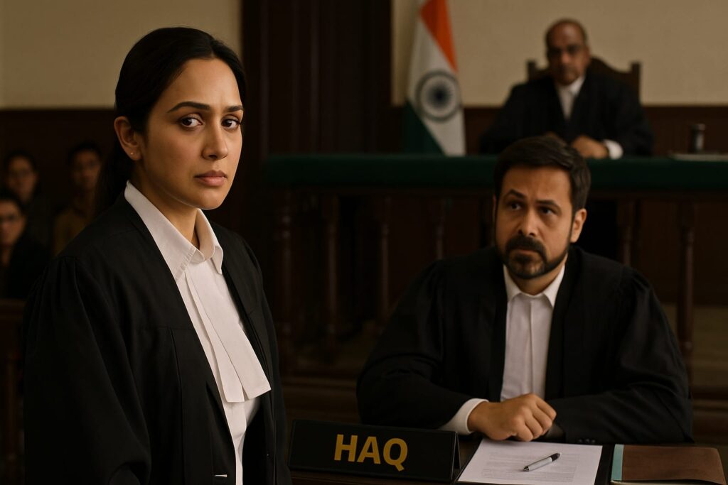 Haq movie still showing a female lawyer standing in courtroom beside her colleague during a legal case scene

