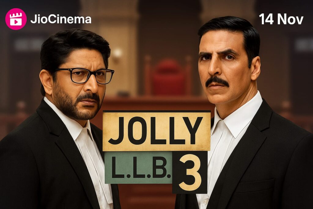 OTT AI-generated promotional image for Jolly LLB 3 featuring Akshay Kumar and Arshad Warsi in a courtroom drama releasing on JioCinema on 14 November 2025.
