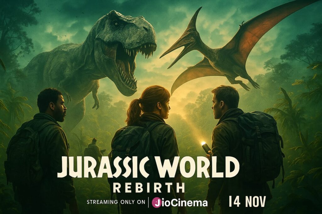 OTT AI-generated poster of Jurassic World Rebirth streaming on JioCinema from 14 November 2025 showing dinosaurs and explorers in a jungle adventure scene.