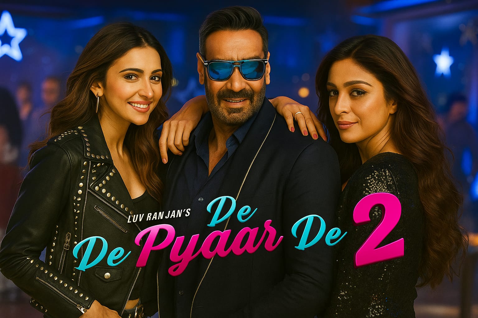 Ajay Devgan, Rakul Preet Singh and Tabu from De De Pyaar De 2 movie – promotional still