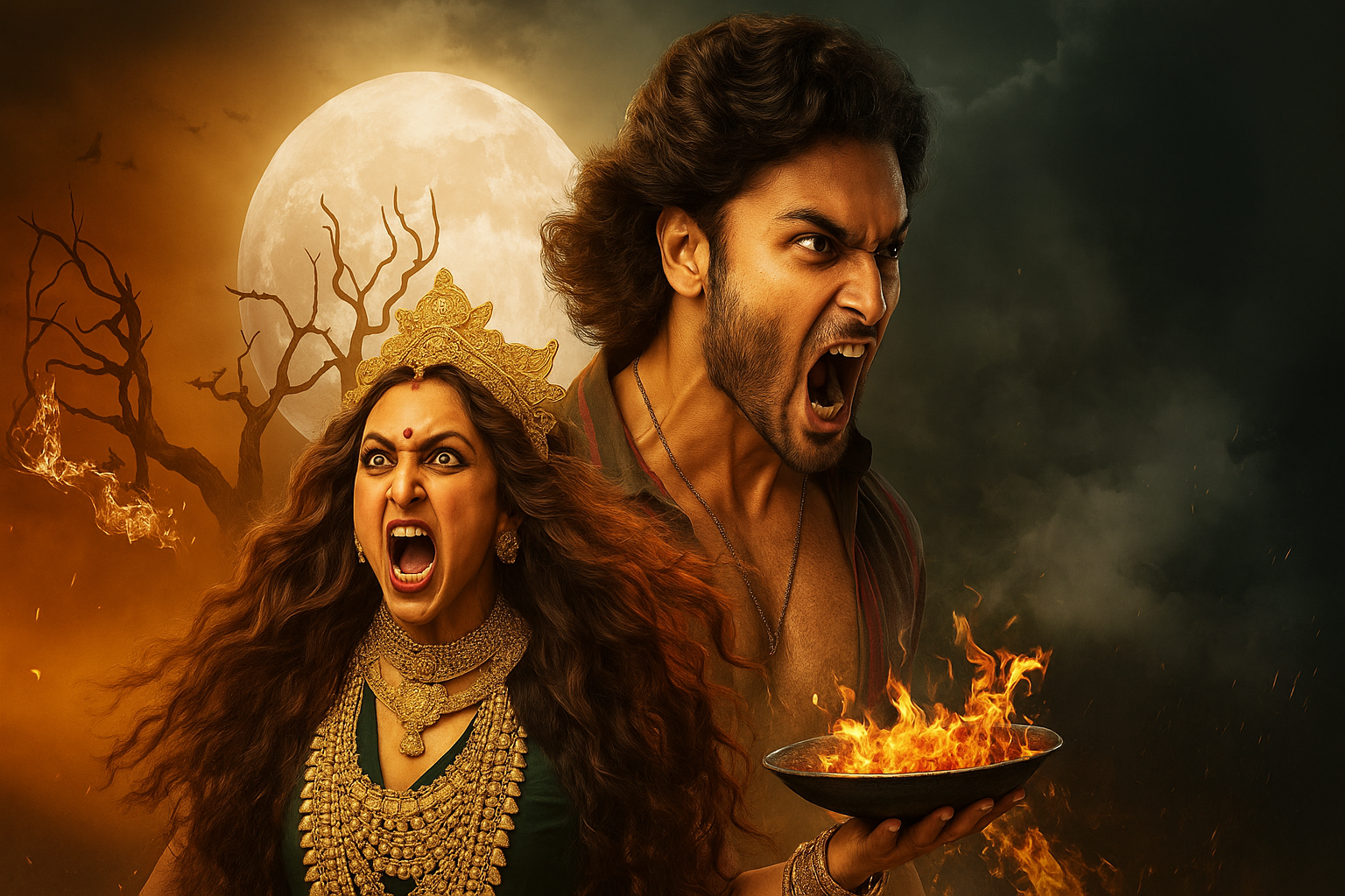 Mythological movie scene showing a fierce goddess-like woman and a warrior holding a burning bowl under the full moon, inspired by Jatadhara teaser.