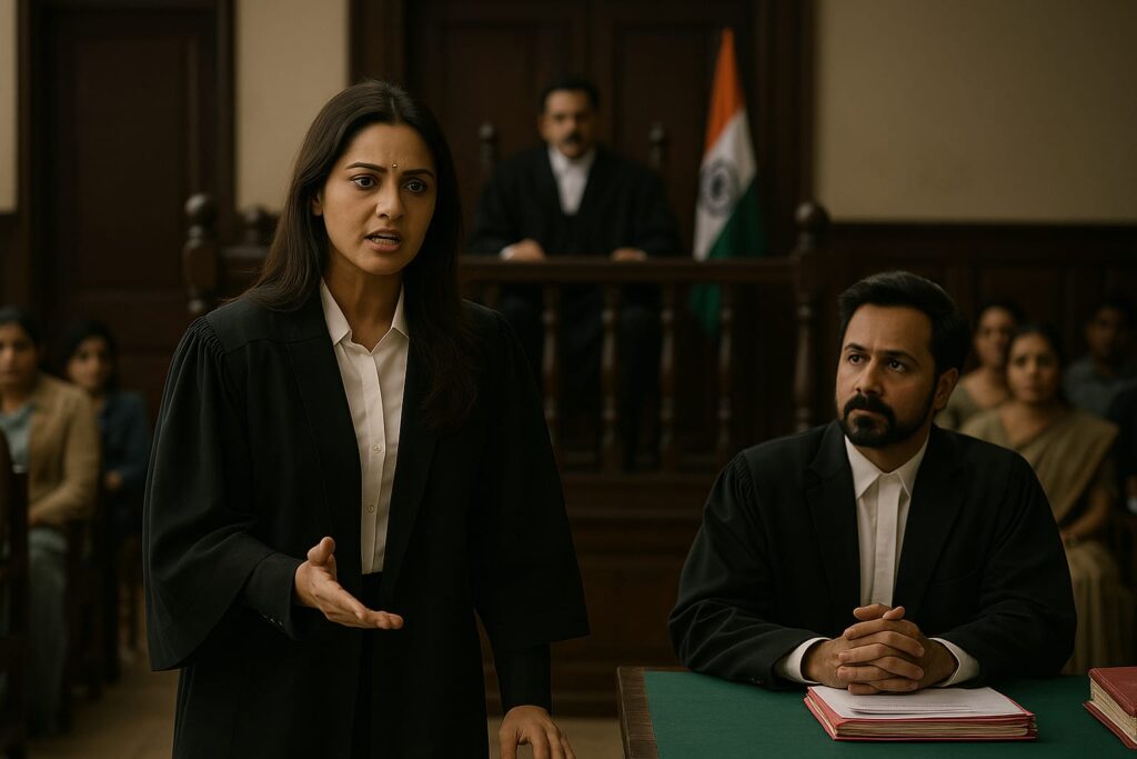 Haq film courtroom drama scene where a female lawyer argues a case while her colleague listens attentively
