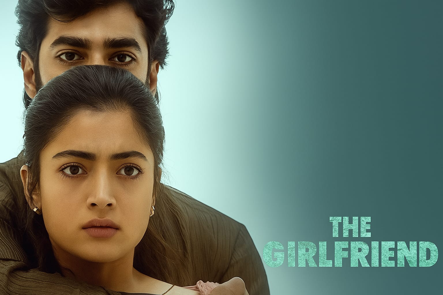 Rashmika Mandanna emotional close-up poster from The Girlfriend film showing a dramatic and intense moment with co-star