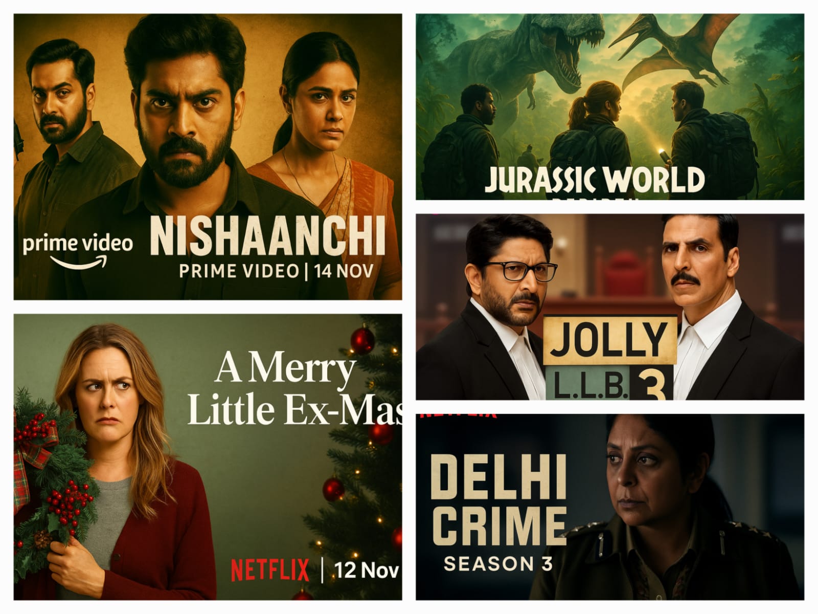 AI generated promotional image featuring OTT releases including Delhi Crime Season 3, Jolly LLB 3, Nishaanchi, Jurassic World Rebirth, and A Merry Little Ex-Mas.