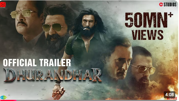 Official Dhurandhar movie trailer poster featuring multiple characters in an intense cinematic artwork.”