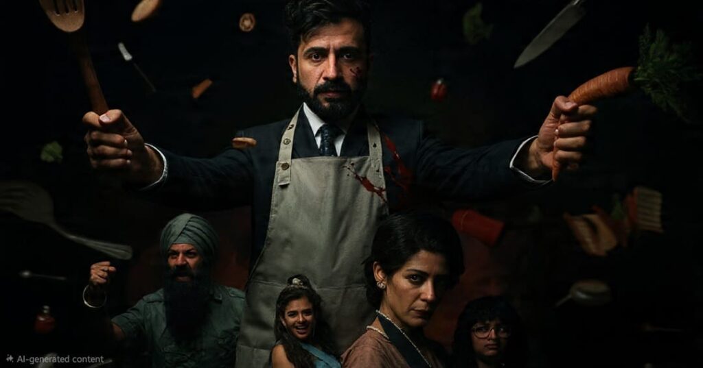 AI generated dramatic poster style image inspired by Bollywood action comedy theme