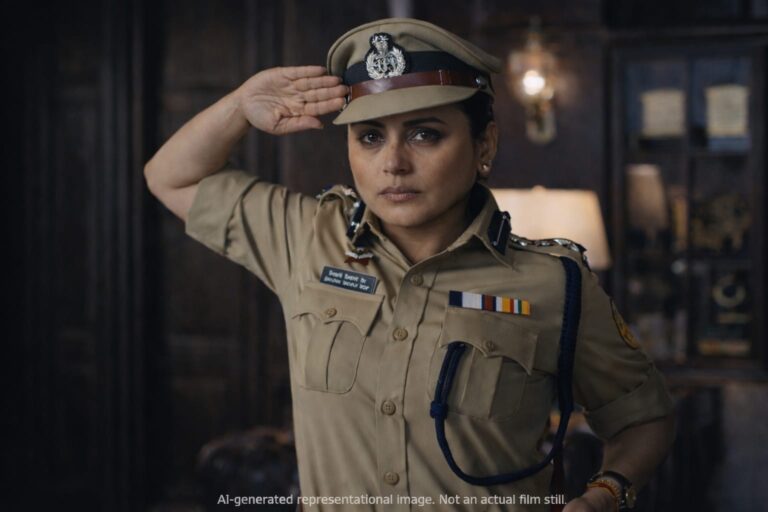 Mardaani 3 में महिला पुलिस अधिकारी का AI-generated प्रतिनिधि दृश्य, जहां वह सख्त अंदाज़ में सलामी देती हुई नजर आ रही है।