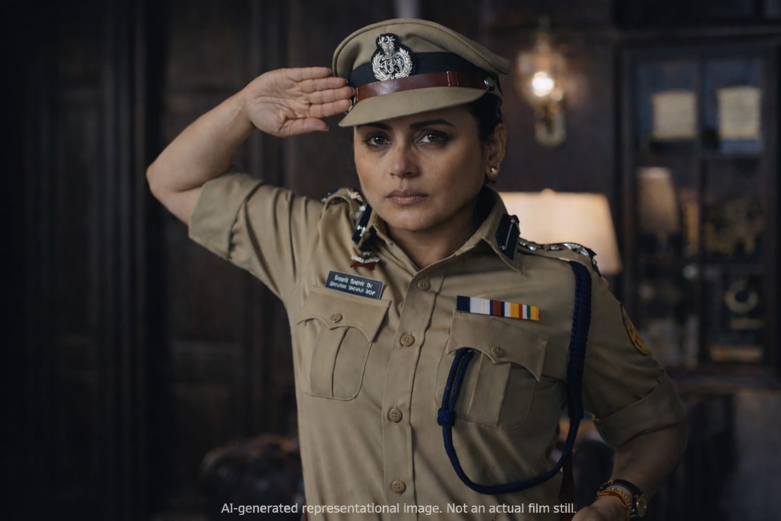 Mardaani 3 में महिला पुलिस अधिकारी का AI-generated प्रतिनिधि दृश्य, जहां वह सख्त अंदाज़ में सलामी देती हुई नजर आ रही है।