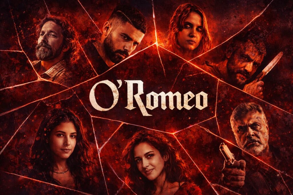 O’ Romeo movie poster featuring ensemble cast collage in dark red cracked glass background