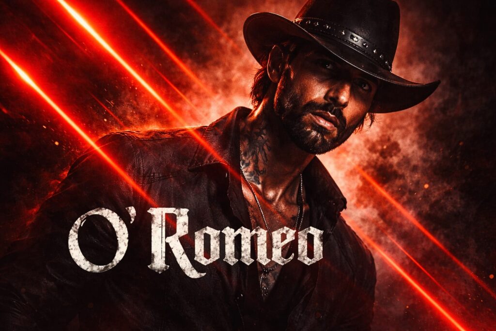 O’ Romeo action thriller poster with intense character holding gun in red smoky background