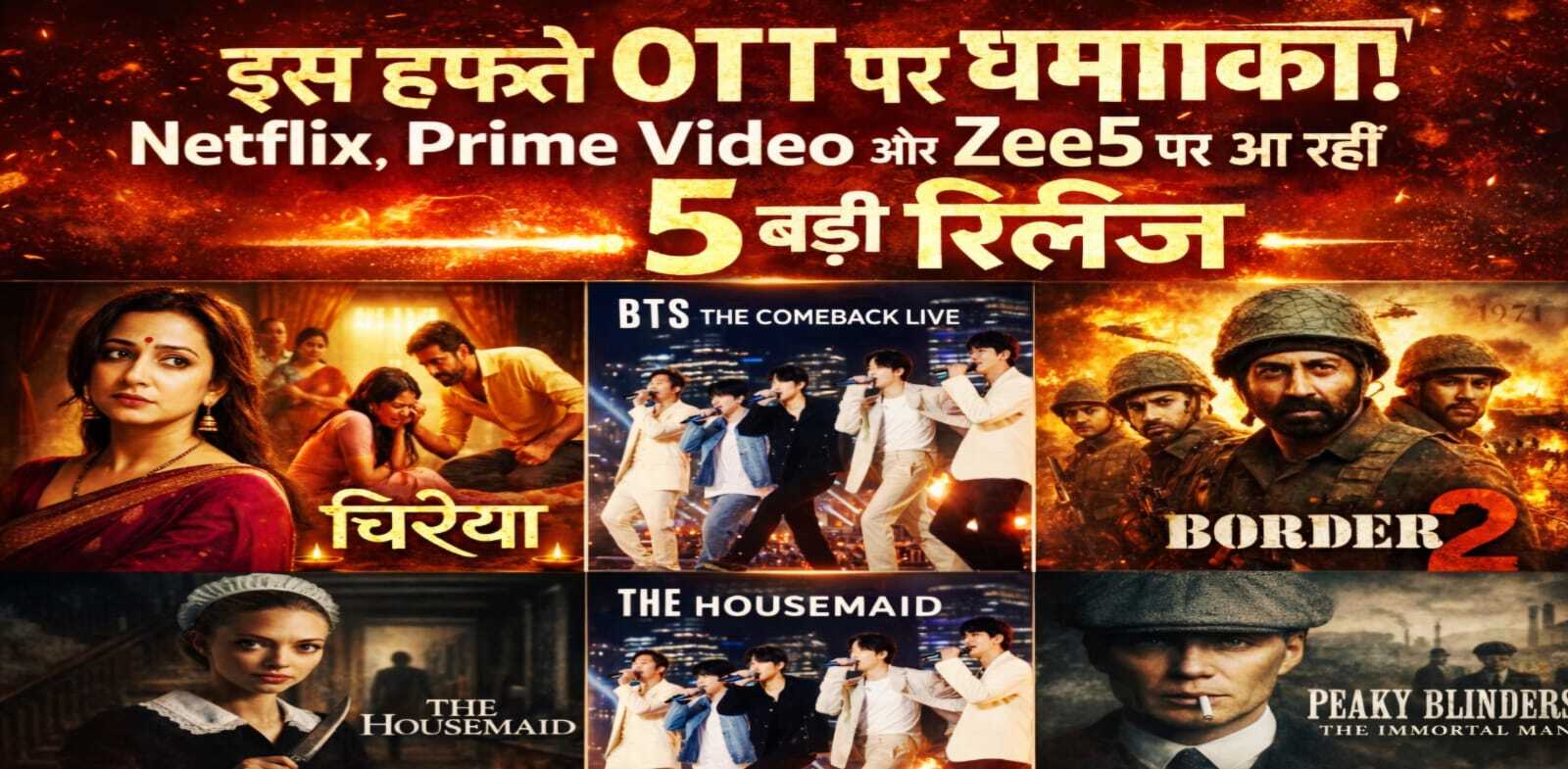 इस हफ्ते OTT पर आने वाली 5 बड़ी रिलीज Netflix Prime Video Zee5 Border 2 BTS The Comeback Live Chiraiya Peaky Blinders