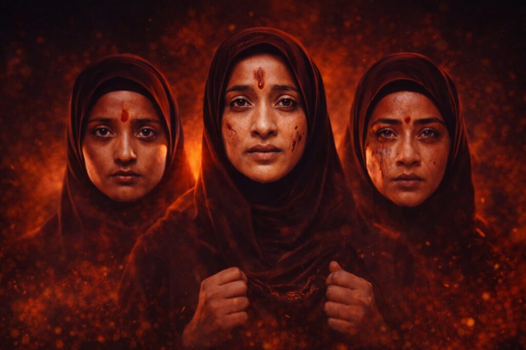 The Kerala Story 2 movie scene inspired image showing three women in hijab highlighting controversy and story theme