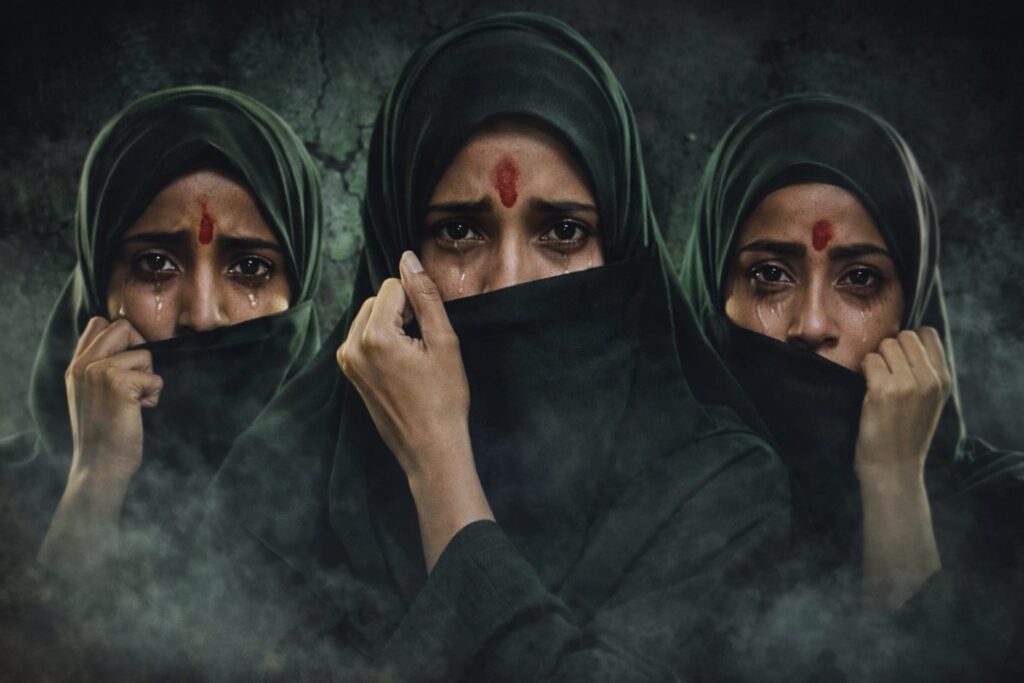 The Kerala Story 2 movie scene inspired image showing three women in hijab highlighting controversy and story theme