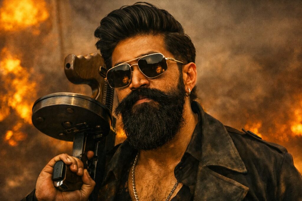  Toxic Rocky style gangster look with gun and fire background cinematic image
