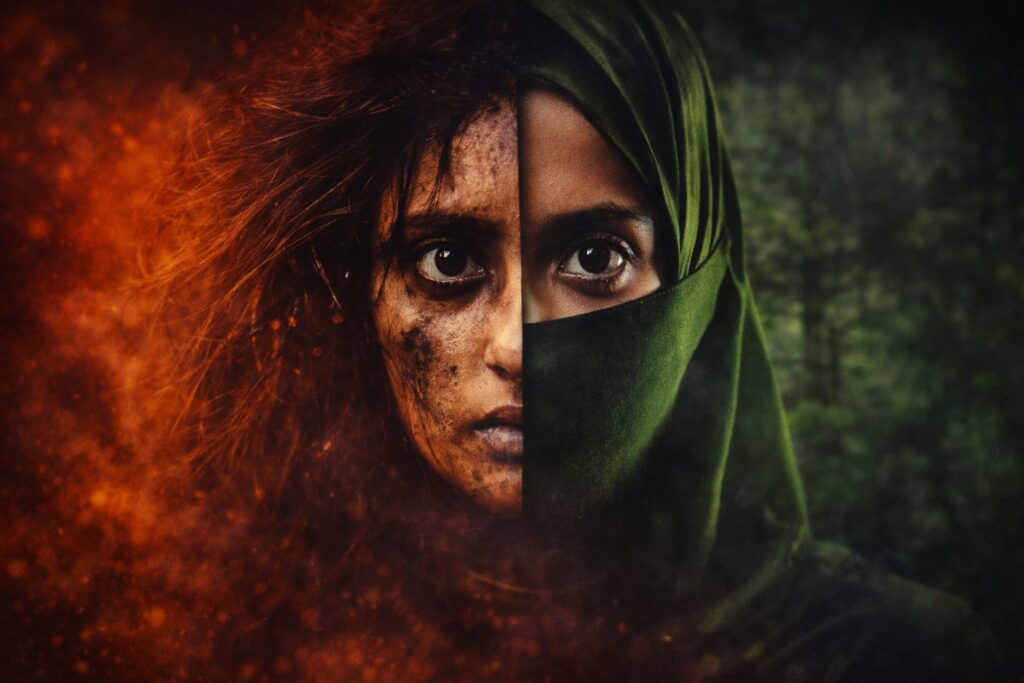 The Kerala Story 2 movie theme image showing split face of a woman highlighting controversy and social issue