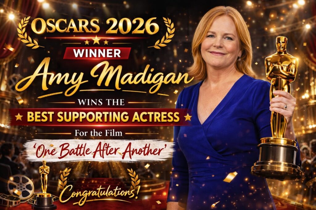 Amy Madigan wins Best Supporting Actress at Oscars 2026 for the film One Battle After Another holding Oscar trophy