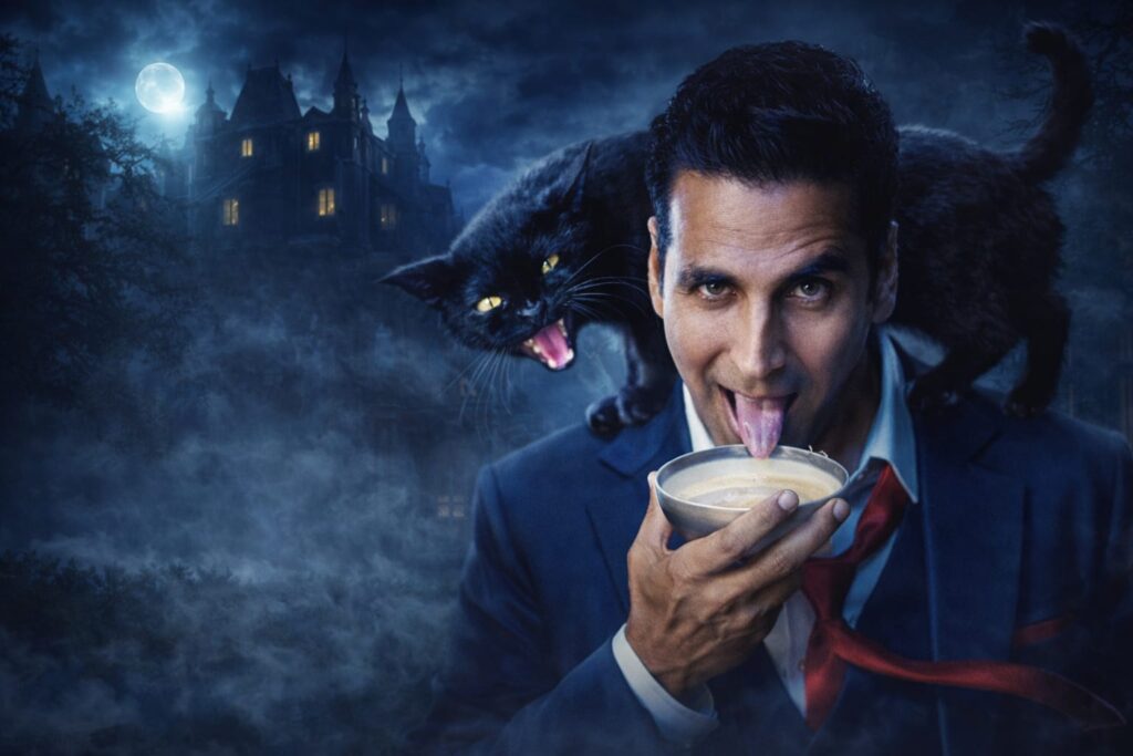Akshay Kumar with a black cat in spooky haunted atmosphere from Bhooth Bangla horror comedy film