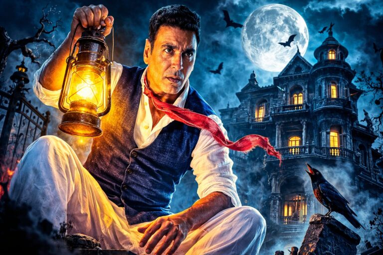 Akshay Kumar holding a lantern in front of a haunted mansion scene from Bhooth Bangla horror comedy movie