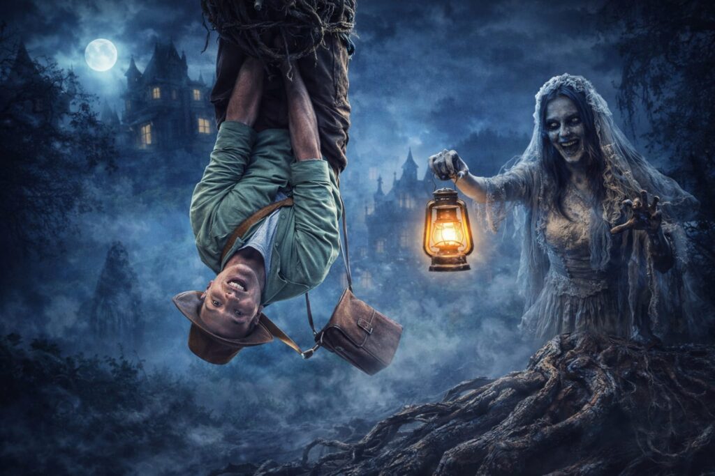 Scary haunted forest scene with ghost and lantern inspired by Bhooth Bangla movie teaser
