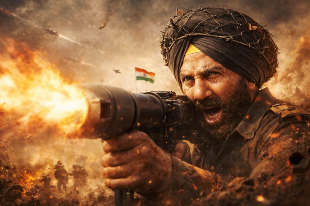 Border 2 inspired war scene showing a Sikh soldier firing a rocket launcher during an intense battlefield moment