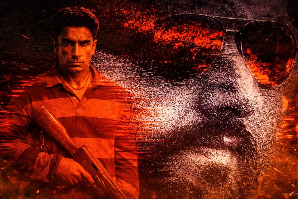 Dhurandhar 2 movie Ranveer Singh action look with gun and split face intense poster
