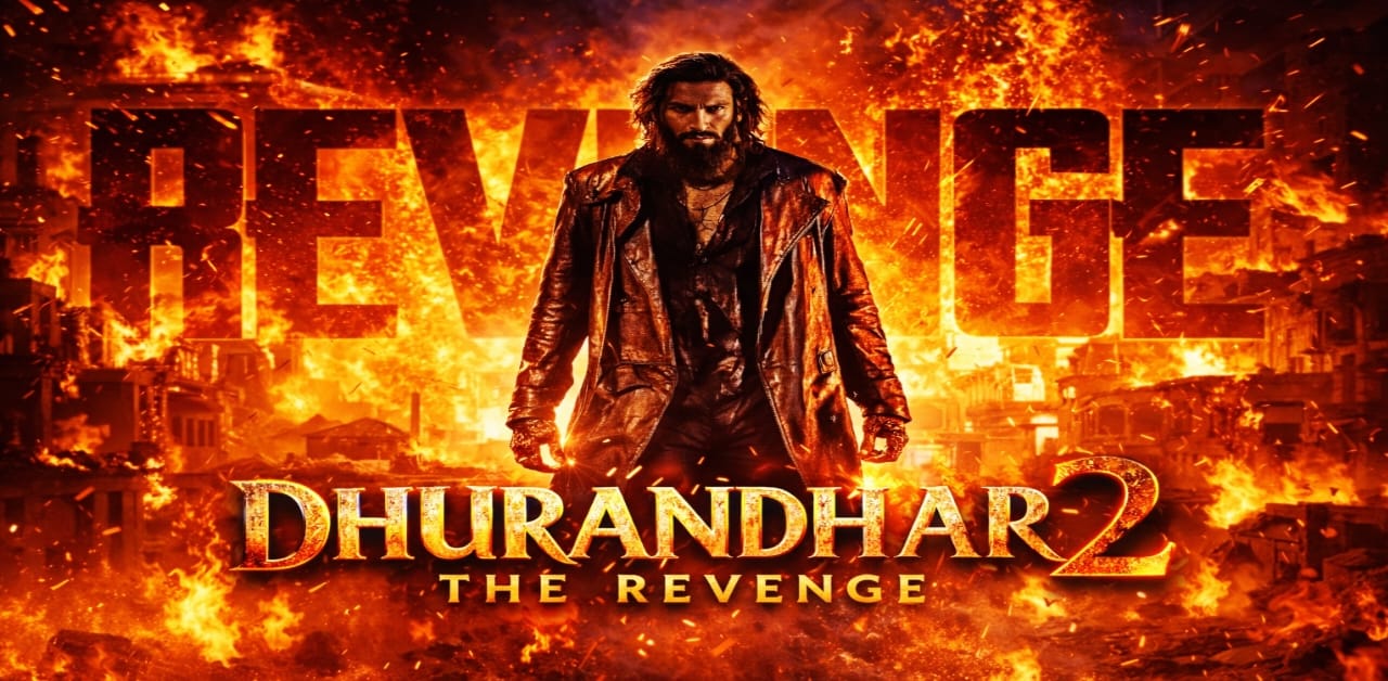Dhurandhar 2 The Revenge official poster with Ranveer Singh standing in fire background