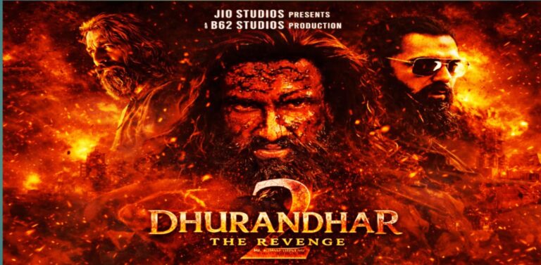 Dhurandhar The Revenge movie poster with fiery background and multiple Ranveer Singh looks