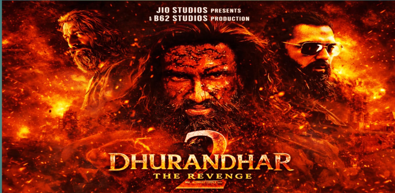 Dhurandhar The Revenge movie poster with fiery background and multiple Ranveer Singh looks