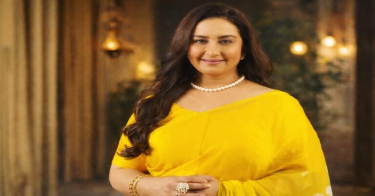 Divya Dutta yellow saree portrait smiling indoor elegant look Bollywood actress