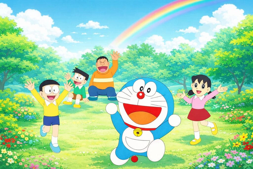 JioHotstar Doraemon cartoon characters Nobita and friends in park colorful anime show