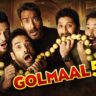 Golmaal 5 comedy movie poster style image with Ajay Devgn and Golmaal gang in funny shocked expressions