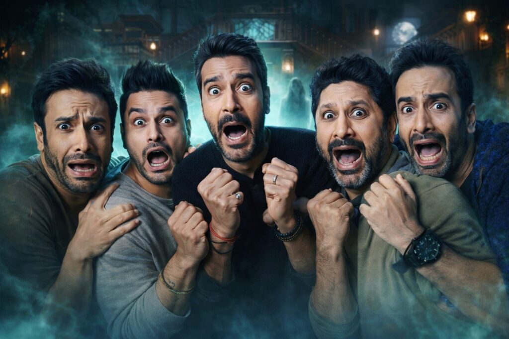 Golmaal 5 horror comedy scene with Golmaal gang reacting in fear inside a spooky mansion
