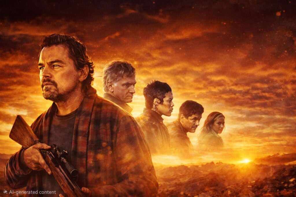 One Battle After Another movie cast poster featuring Leonardo DiCaprio and supporting cast