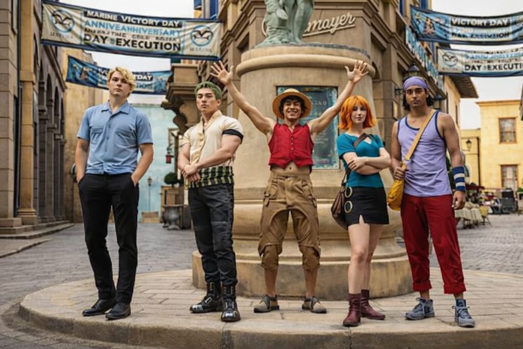 Straw Hat Pirates team including Luffy, Zoro, Nami, Usopp and Sanji in One Piece live action season 2 Netflix series.