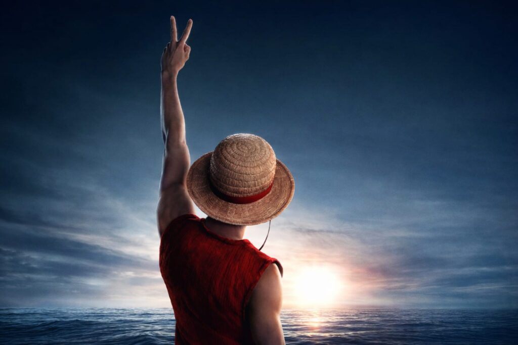 One Piece Season 2 Netflix live action poster featuring Luffy, Zoro, Nami, Usopp and Sanji in action adventure pose.
