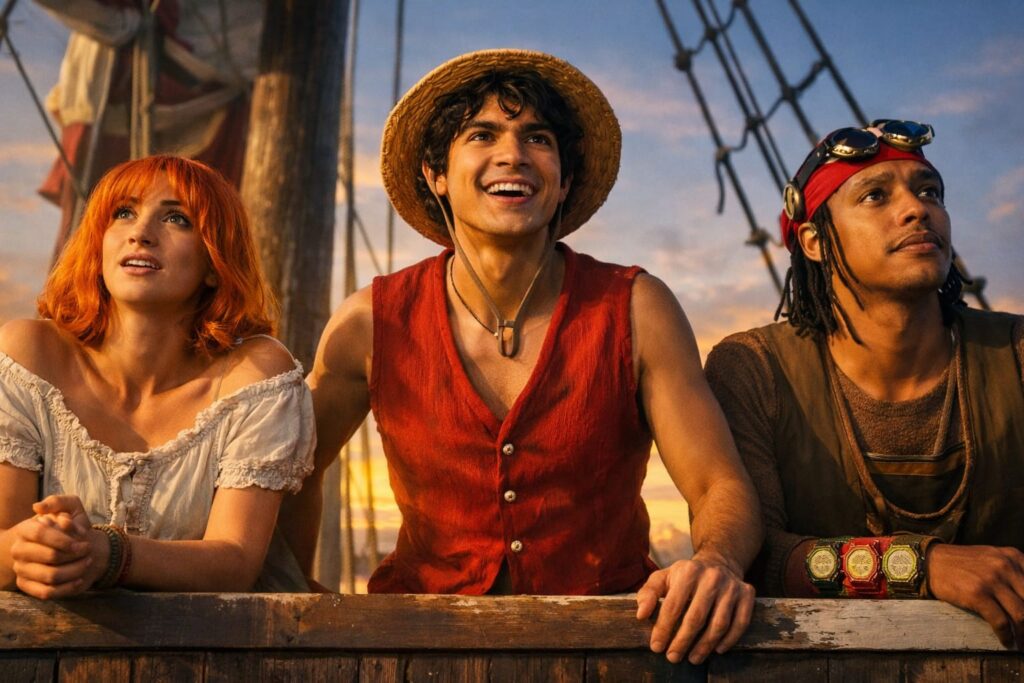 One Piece Live Action Season 2 scene showing Luffy, Nami and Usopp standing on a pirate ship looking towards the Grand Line adventure.
