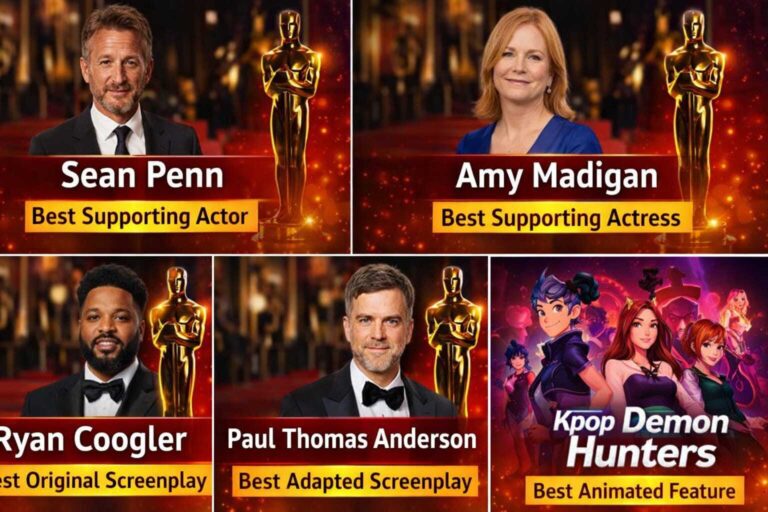 Oscars 2026 winners collage featuring Sean Penn, Amy Madigan, Ryan Coogler, Paul Thomas Anderson and Kpop Demon Hunters