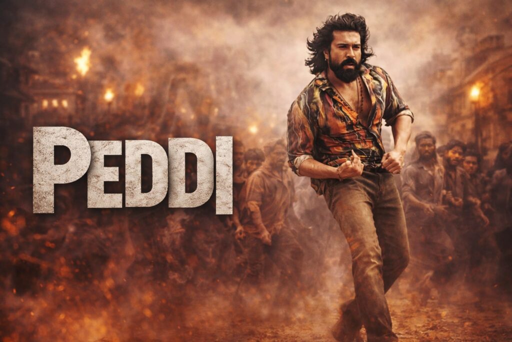 peddi movie action scene Ram Charan walking in dust with crowd mass entry