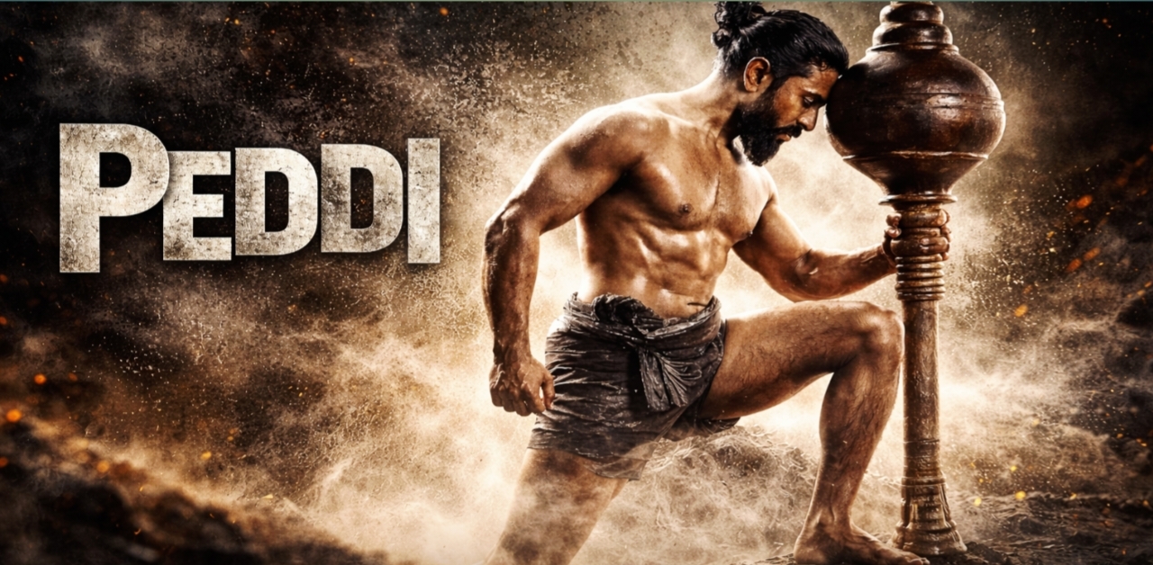 peddi movie Ram Charan wrestler training scene holding mace powerful action look cinematic background