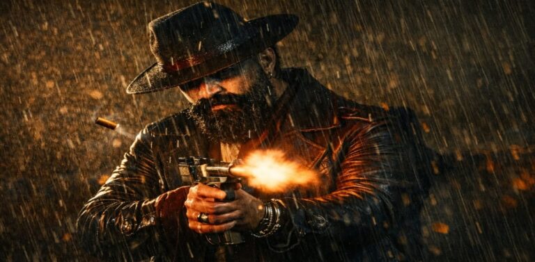 Rocky style action character firing gun in rain cinematic scene