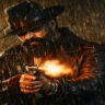 Rocky style action character firing gun in rain cinematic scene