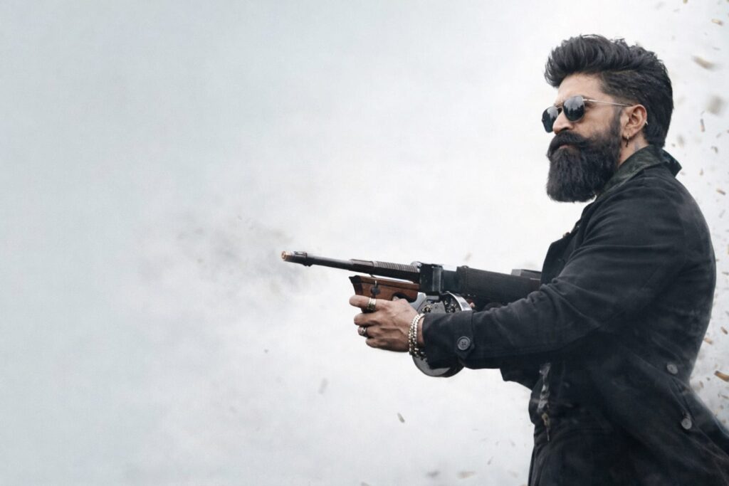 Rocky style action hero holding tommy gun cinematic action scene

