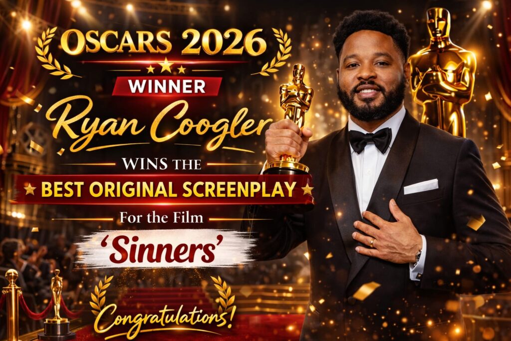 Ryan Coogler wins Best Original Screenplay at Oscars 2026 for the movie Sinners with Oscar trophy celebration