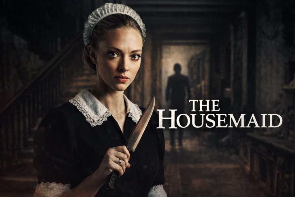 The Housemaid  OTT Releases thriller 2026 showing suspense scene of woman holding knife inside dark mansion

